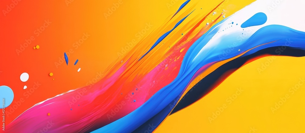 Poster abstract expressionist painting featuring vibrant orange, blue, and pink hues with flowing curves an