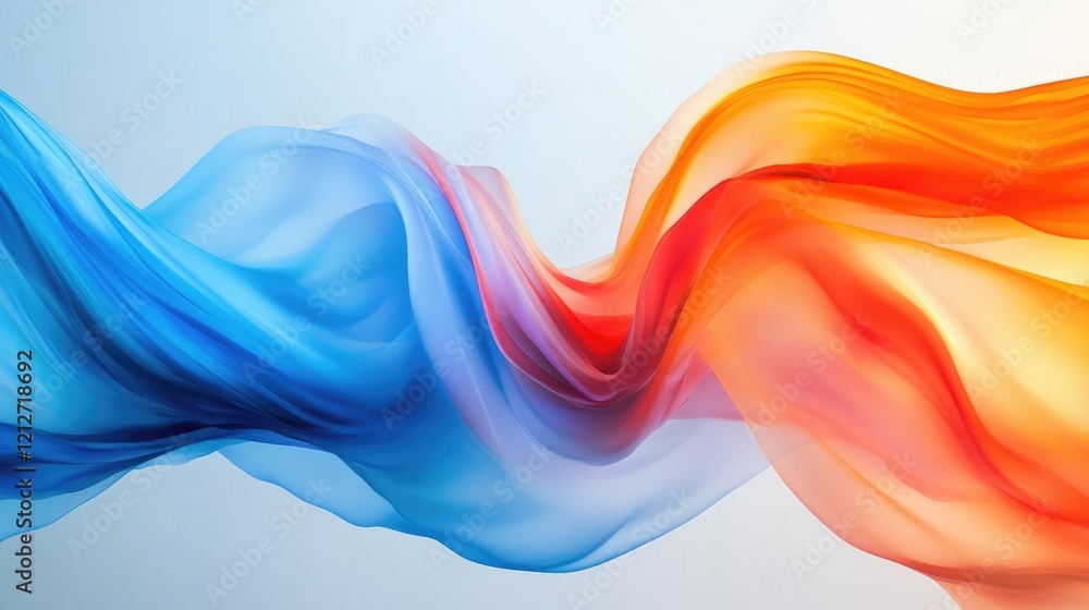 Poster dynamic abstract composition featuring flowing waves of blue, orange, and red colors on a soft gradi