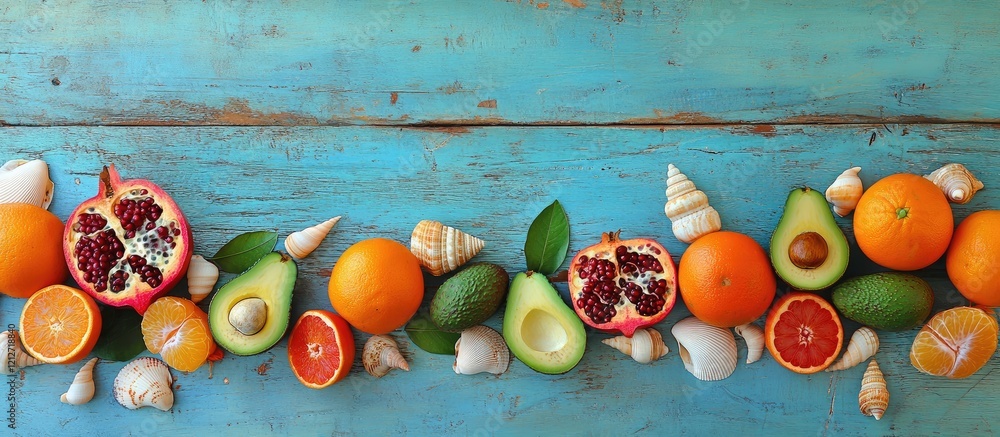 Poster Vibrant arrangement of fresh oranges pomegranates and avocados on rustic turquoise wooden table with scattered seashells and ample negative space for text
