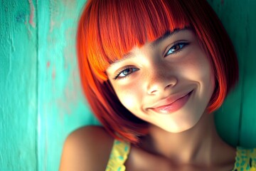 Fototapeta premium Short trim - red hair. Gorgeous smiling mixed-race girl - for ads, flyer and social platforms use. Commercial promotion concept graphic layout art. Vibrant model portrait ideas. Glam look.
