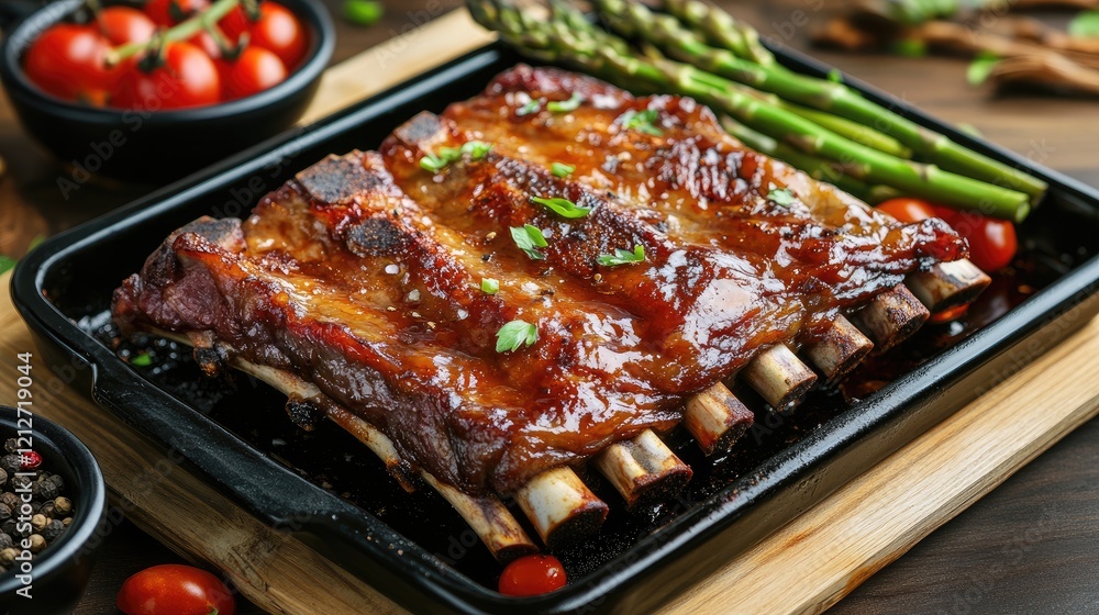 Poster glazed beef rib chunk served with cherry tomatoes asparagus and assorted spices on a black tray agai