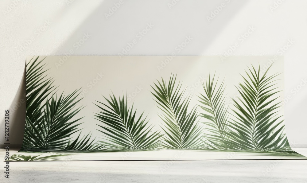 Poster palm leaves arranged in a diagonal pattern on a light-colored surface creating a sense of movement a