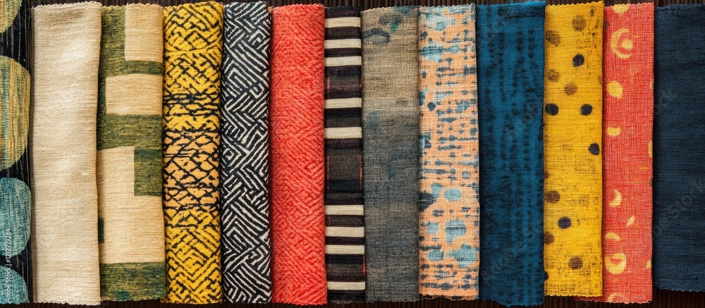 Poster Vibrant collection of fabric samples featuring diverse textures and patterns ideal for upholstery and textile design projects