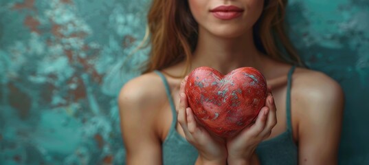 A serene portrait of a woman gently holding a vibrant heart-shaped object, set against a colorful artistic background, symbolizing love and deep emotions.