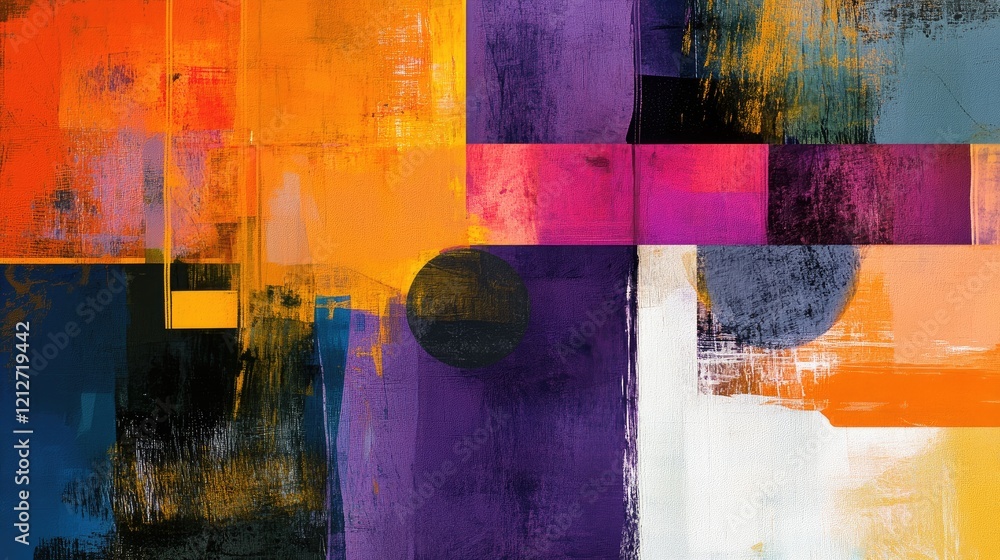 Poster dynamic colorful abstract mixed media artwork with geometric shapes and textures
