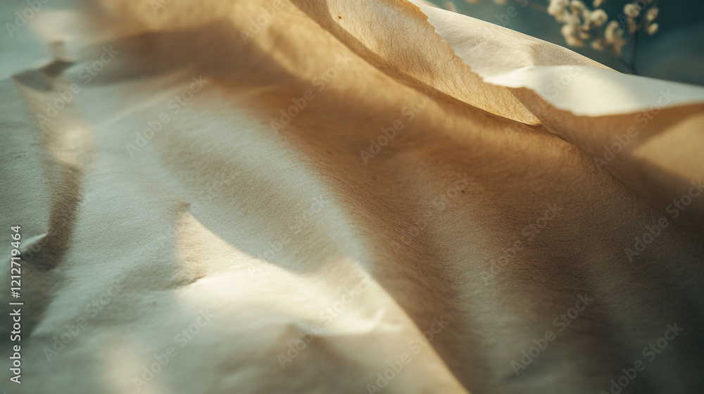 Poster natural light illuminating wrinkled paper on a soft surface in a serene setting
