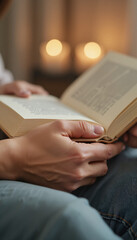 Fototapeta premium Love, Book reading aloud Hands holding an open book with candlelight in the background Bibel