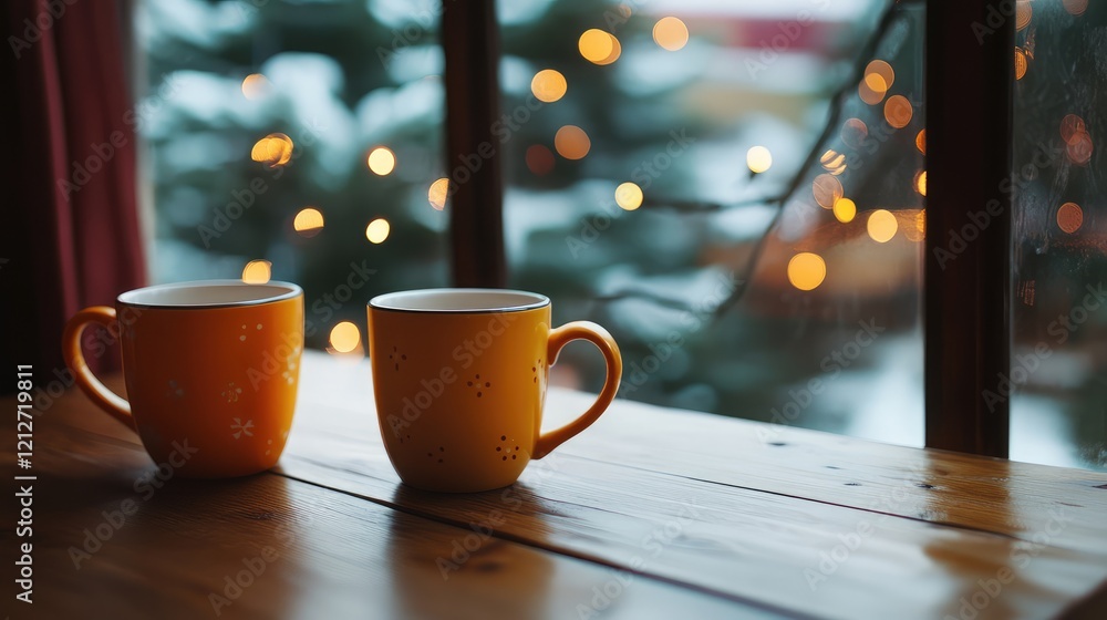 Aufkleber two warm yellow coffee mugs on rustic wooden table next to window with winter scenery and soft glowi
