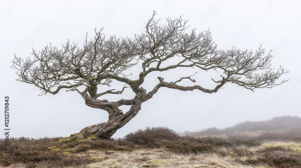 Poster twisted lone tree standing in a foggy barren landscape on a misty day with a dramatic atmosphere and