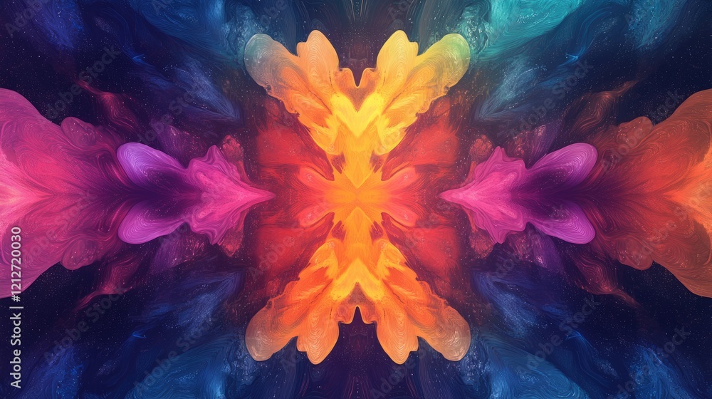 Poster symmetrical vibrant abstract fluid art with bold colors in a dynamic kaleidoscopic design