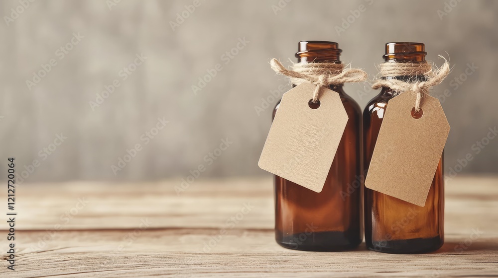 Aufkleber brown glass cosmetic bottles with craft paper tags on wooden table in spa setting with neutral backg