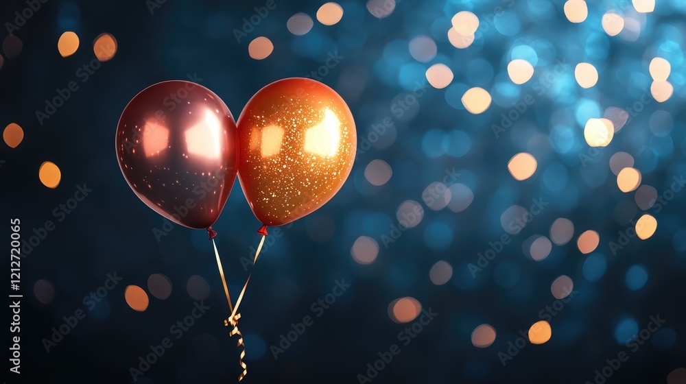 Poster two colorful balloons with sparkling blue bokeh background for celebrations and festive events