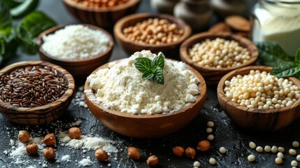 Natural Plant Based Protein powder with ingredients on table, Healthy food high of protein concept, Vegetarian dairy diet.