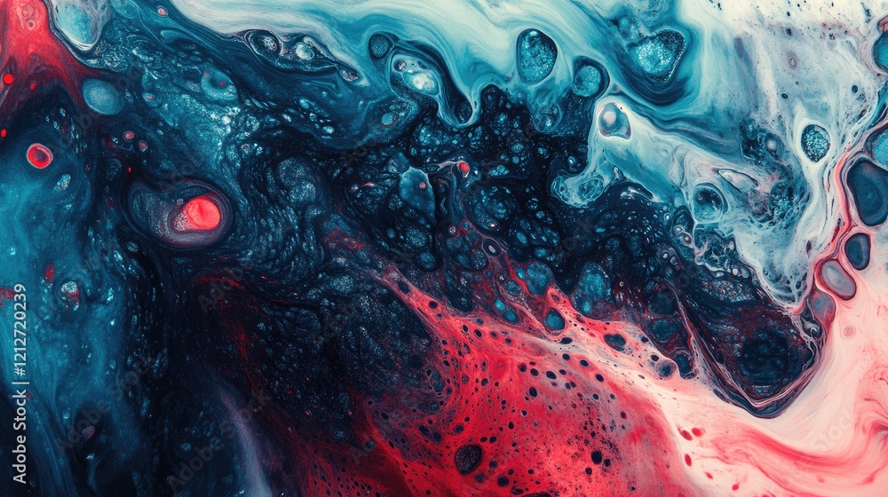 Poster Vibrant abstract fluid art with rich textures featuring dynamic reds and blues creating an energetic composition ideal for modern decor