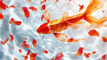 Orange Koi Fish Swimming Among Floating Petals in Clear Water