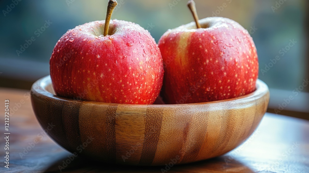 Poster fresh red apples in a natural wooden bowl on a rustic table with soft lighting