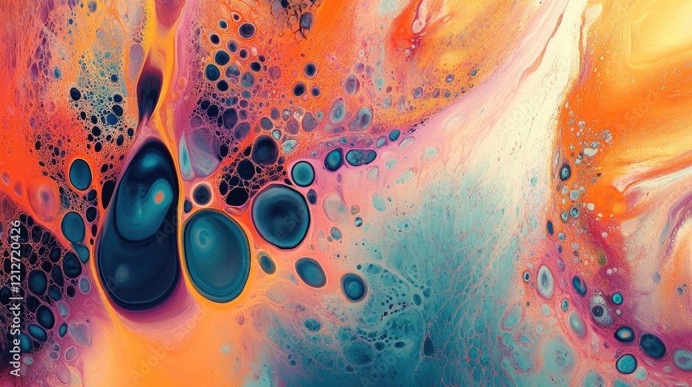Poster colorful abstract composition with dynamic organic shapes and fluid textures evoking a sense of move