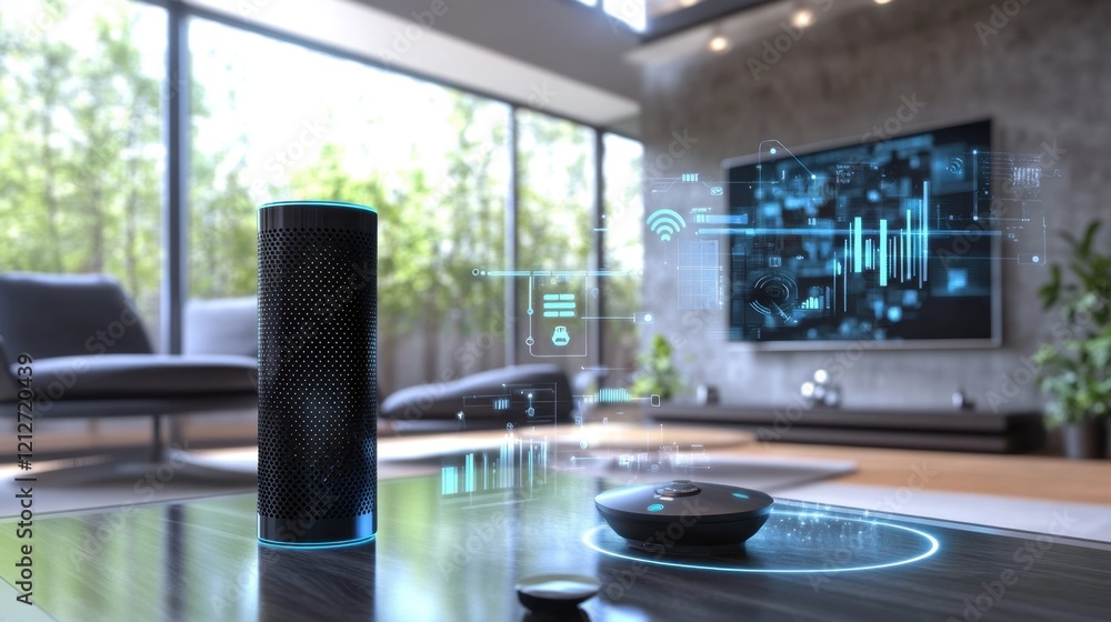Poster voice-activated home assistant in a stylish setting, managing smart home devices with a futuristic i