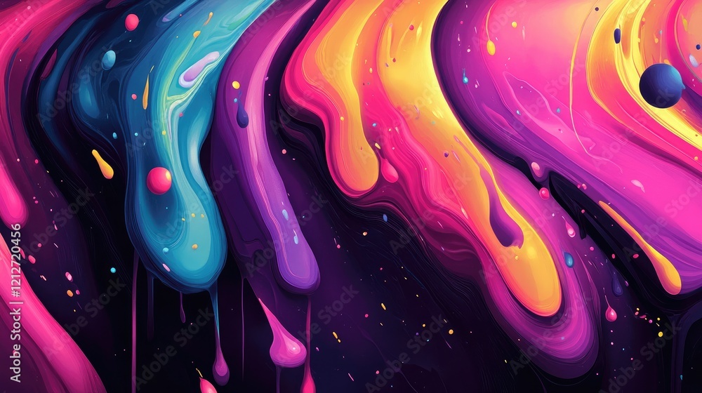 Aufkleber Abstract colorful liquid art with vibrant hues and dripping patterns on a dark background ideal for modern design concepts.