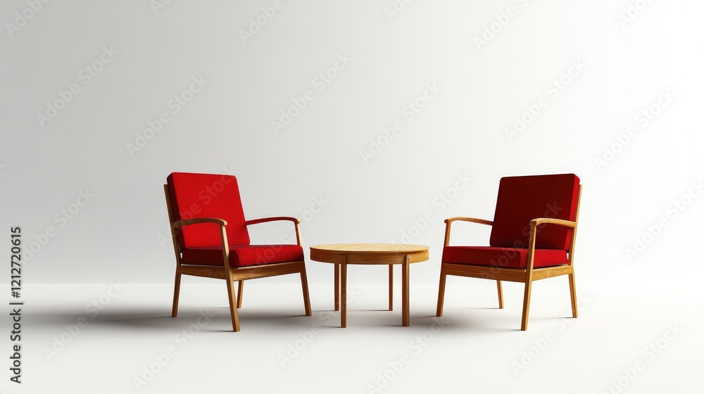 Poster red upholstered chairs with wooden frames and a round wood table on a minimalist light grey backgrou
