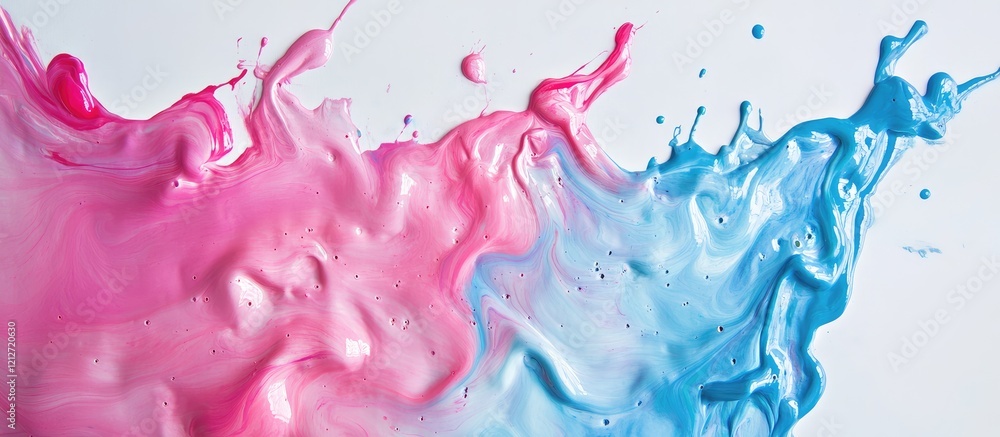 Poster vibrant pink and blue acrylic liquid drips flowing and splashing on white background with blank spac