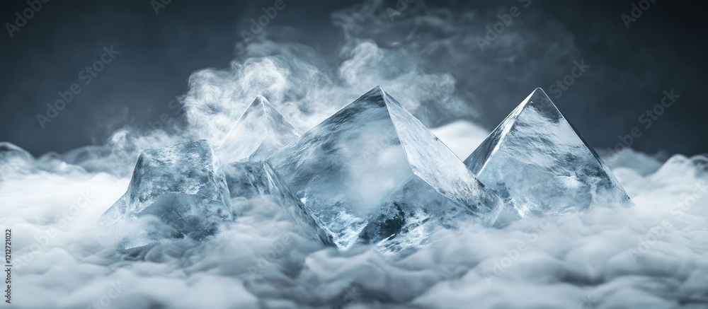 Poster Geometric Ice Forms Emerging from Mist in Muted Blue Tones on Dark Background with Ample Copy Space for Text or Graphics