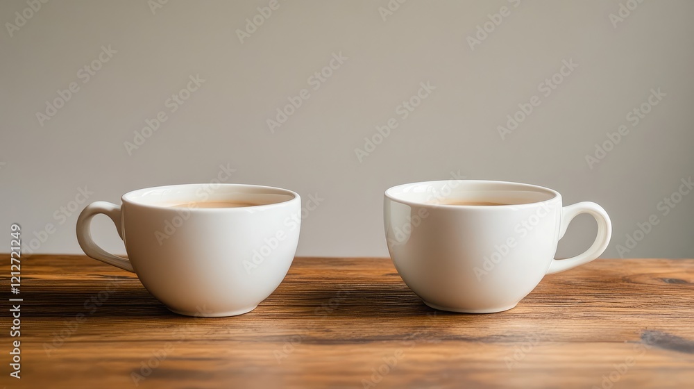 Aufkleber two white cappuccino cups on a rustic wooden table with a neutral gray background highlighting warm 