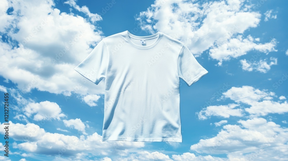 Poster white t-shirt mockup against a bright cloudy sky ideal for creative design and apparel branding show