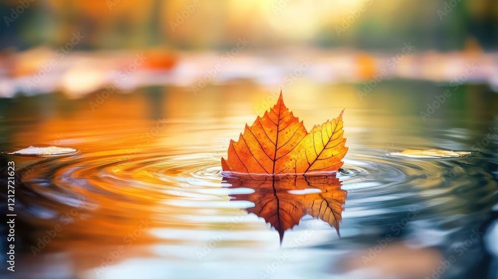 Poster vibrant autumn leaves in warm shades of orange and gold floating on calm water with gentle ripples a