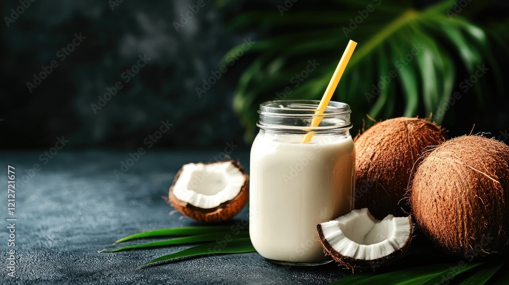 Poster fresh coconut milk in a mason jar with yellow straw surrounded by whole coconuts and green leaves on