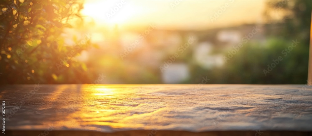 Poster warm sunlight illuminating a stone desktop creates a cozy atmosphere with a blurred green background