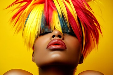 Obraz premium Commercial promotion visual idea creative design idea. Short trim - multicolored hair. Lovely calm mixed-race girl - for ads, print ad and social online banner ad use. African model trends.