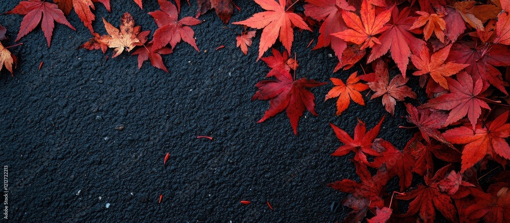 Poster vibrant red and orange autumn maple leaves scattered on a dark textured surface in a serene park set