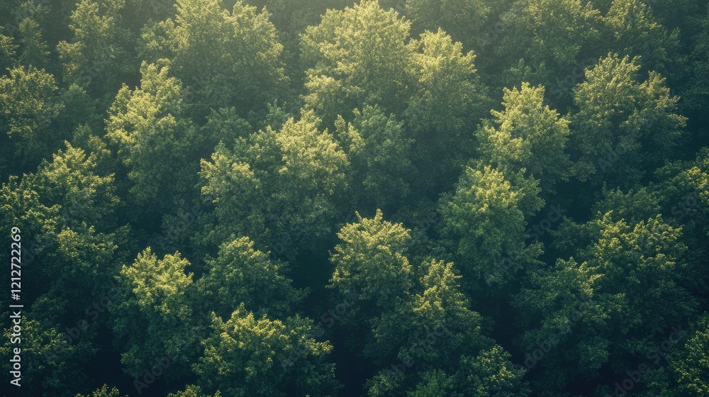 Poster aerial view of lush green treetops illuminated by sunlight creating a peaceful forest atmosphere in 