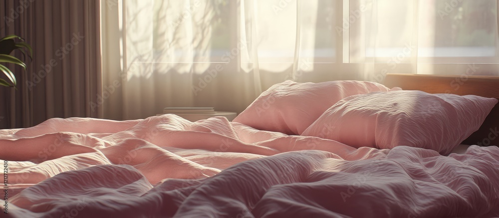 Aufkleber cozy empty bed with soft pink linens bathed in warm sunlight creating a serene and inviting atmosphe