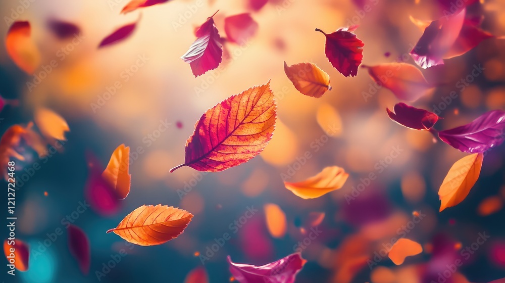 Poster colorful autumn leaves in vibrant orange and red cascade against a soft bokeh background in nature's