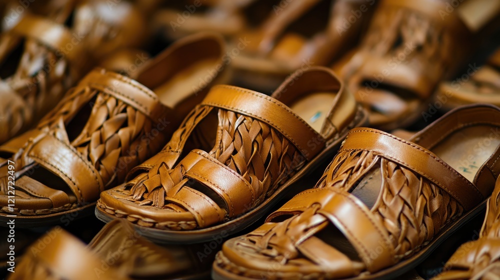 Poster Lightweight brown sandals with braided design close up showcasing intricate openwork structure ideal for background and texture usage