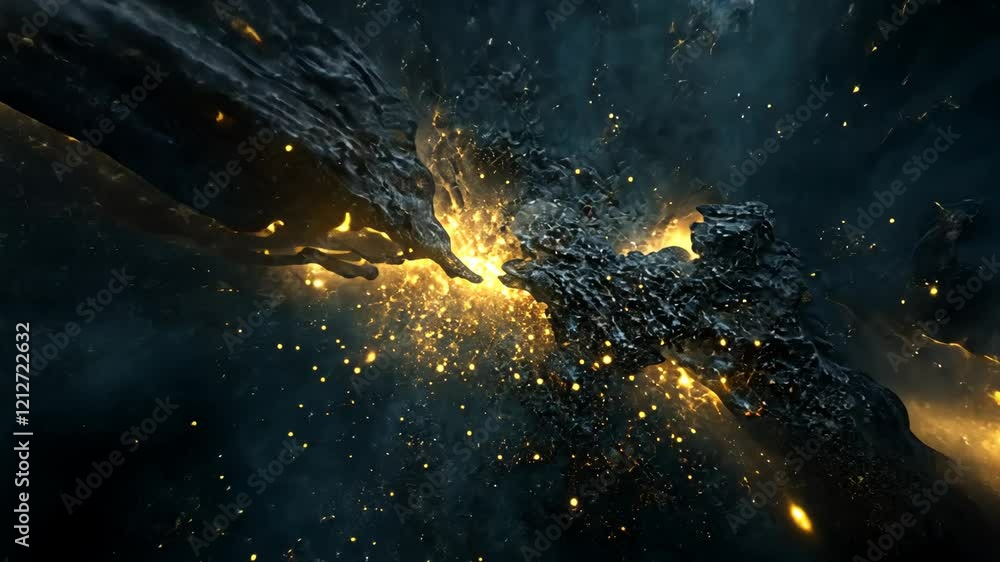 Poster visual representation of cosmic energy explosion with glowing particles emanating from dark matter
