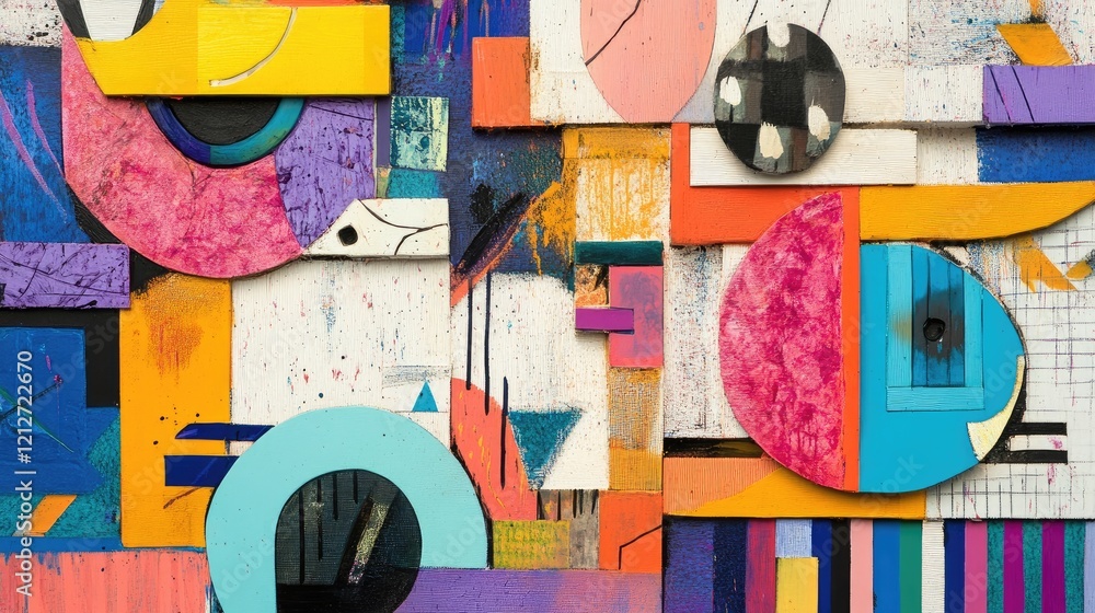 Poster colorful abstract art display with mixed media elements and diverse shapes ideal for contemporary in