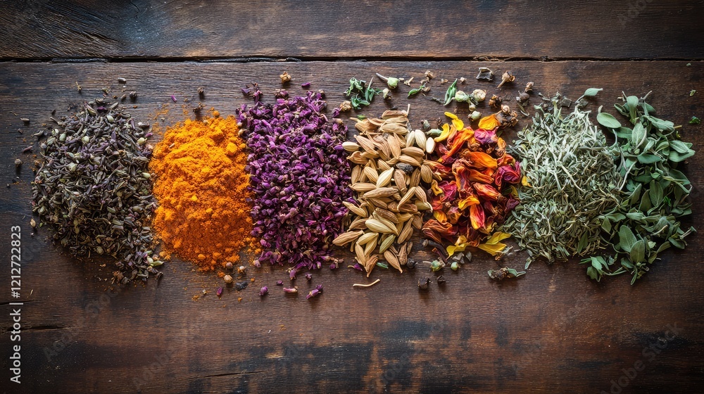 Poster Colorful collection of fragrant spices and herbs displayed on rustic wooden table featuring deep brown tones and vibrant orange purple green and red hues