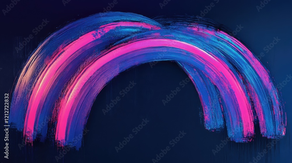 Aufkleber neon pink and blue arcs on deep navy background in abstract cyberpunk style with dynamic brush strok