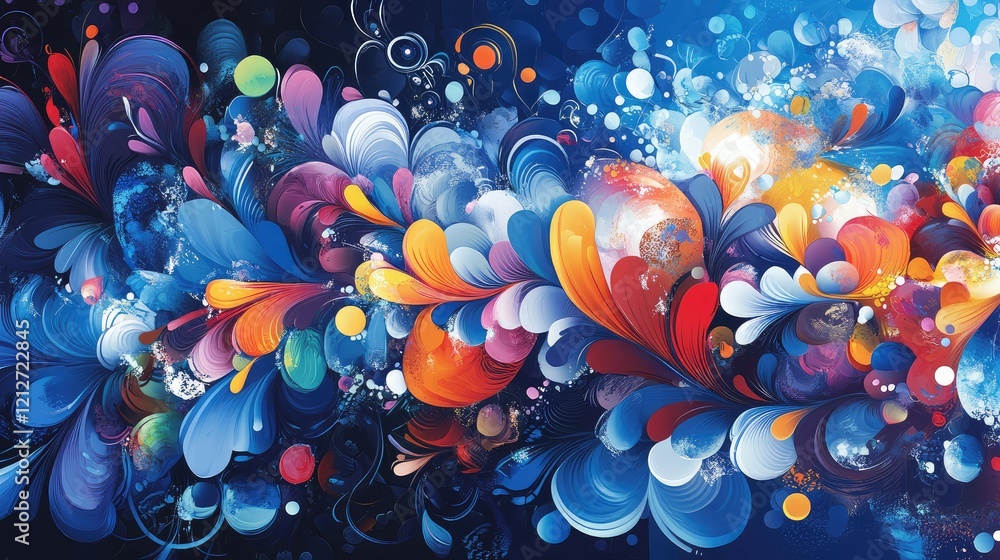Poster vibrant abstract background with blue and colorful elements in fluid shapes and bubbles for artistic