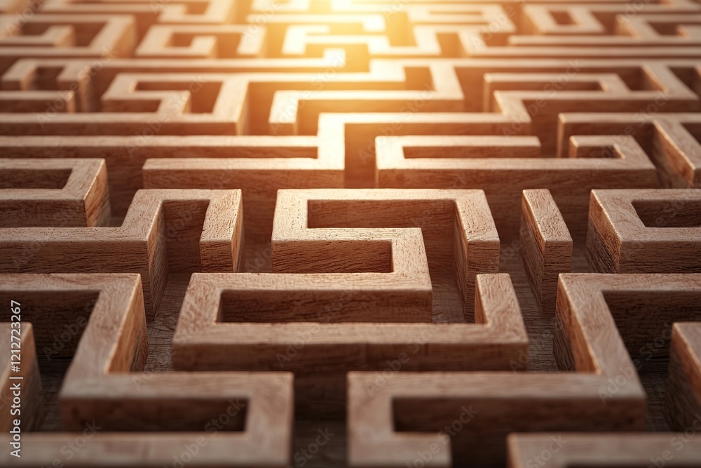 Poster intricate wooden maze with warm lighting, emphasizing complexity and challenge.