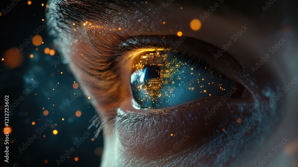 Poster high tech digital eye featuring male eye with futuristic graphics symbolizing insight analytics and 