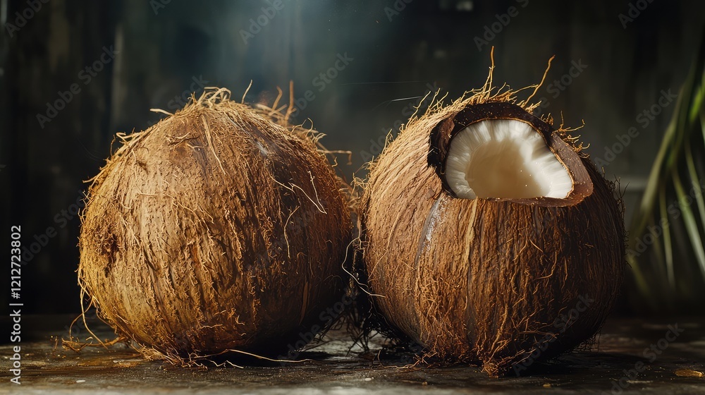 Poster Two coconuts with textured brown shells and exposed white flesh on a rustic wooden table in soft natural lighting