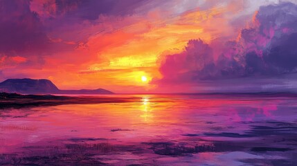 Obraz premium Vibrant Sunset Over Calm Oceanscape with Rich Purple and Orange Hues Reflecting on Water Near Serene Beach Landscape at Dusk