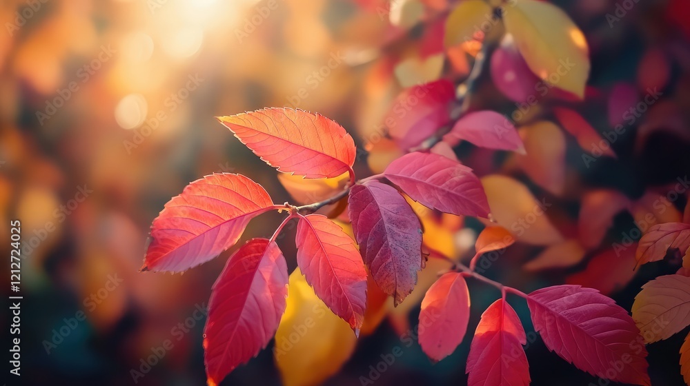 Poster vibrant autumn foliage in warm hues of red and yellow with soft sunlight filtering through a blurred
