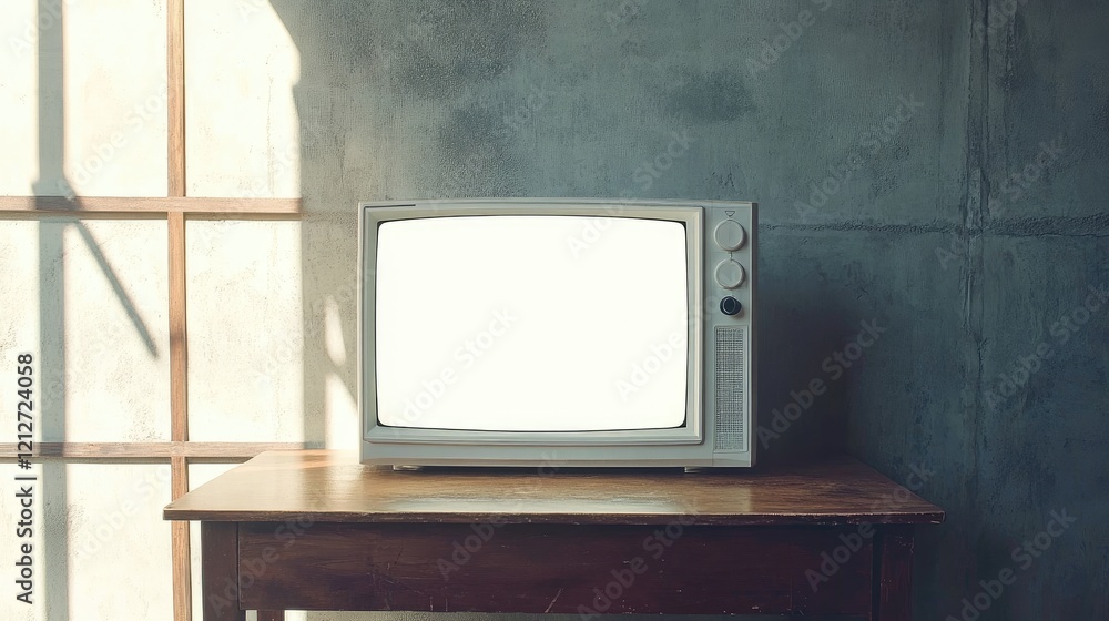 Poster vintage television on wooden table with empty screen illuminated by sunlight against a grey concrete
