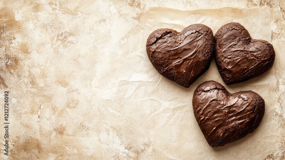 Aufkleber three rich chocolate heart cookies on crinkled beige paper with warm romantic background and blank s