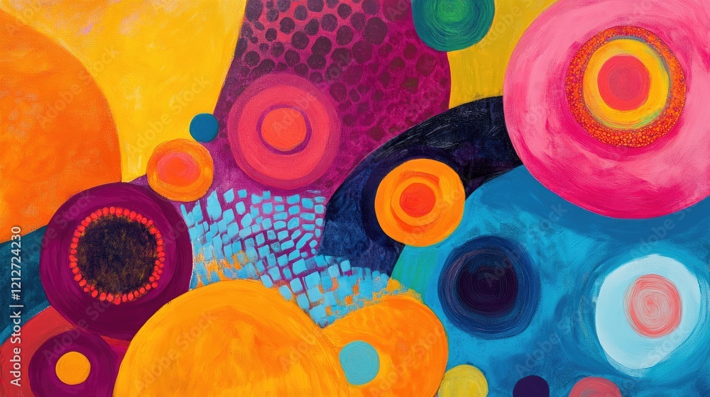 Fototapete Colorful abstract composition with circles and organic shapes creating a lively and dynamic visual experience in vibrant hues.
